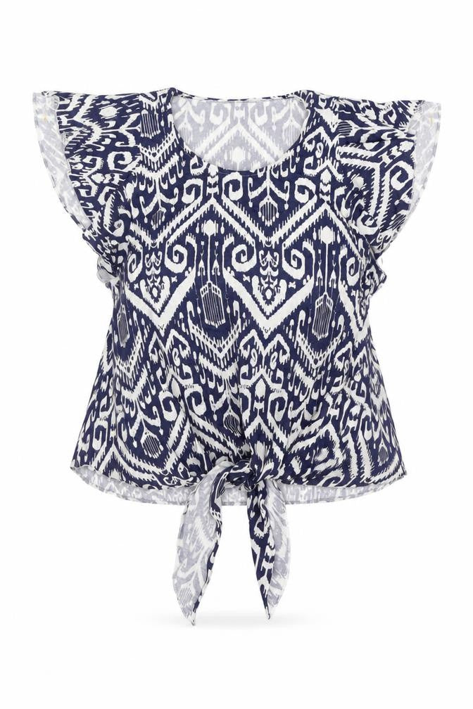 Front view of Wallis women’s blue geometric viscose basic blouse, size UK 8, round neck - tie