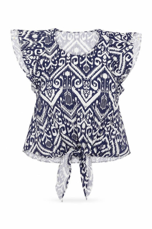 Front view of Wallis women’s blue geometric viscose basic blouse, size UK 8, round neck - tie