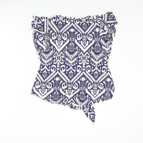 Wallis Womens Blue Geometric Viscose Basic Blouse Size 8 Round Neck - Tie