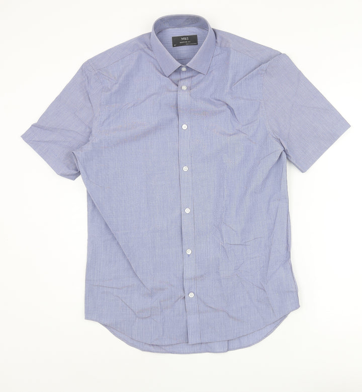 Marks and Spencer Mens Blue Polyester Button-Up Size 15 Collared Button