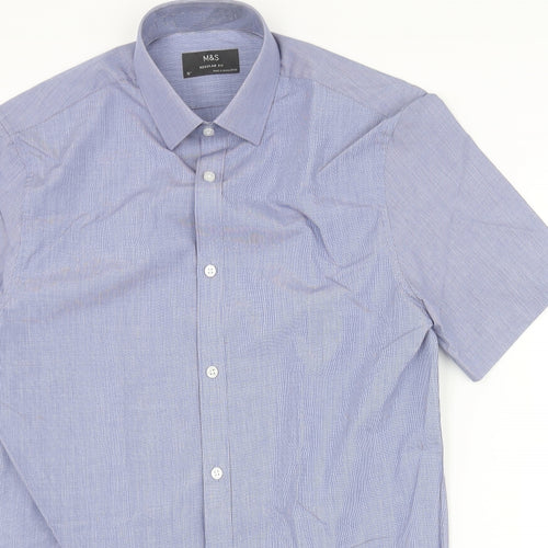Marks and Spencer Mens Blue Polyester Button-Up Size 15 Collared Button