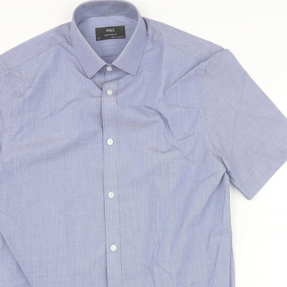 Marks and Spencer Mens Blue Polyester Button-Up Size 15 Collared Button