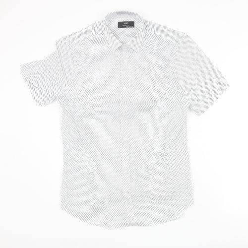 Marks and Spencer Mens White Geometric Cotton Button-Up Size 15 Collared Button