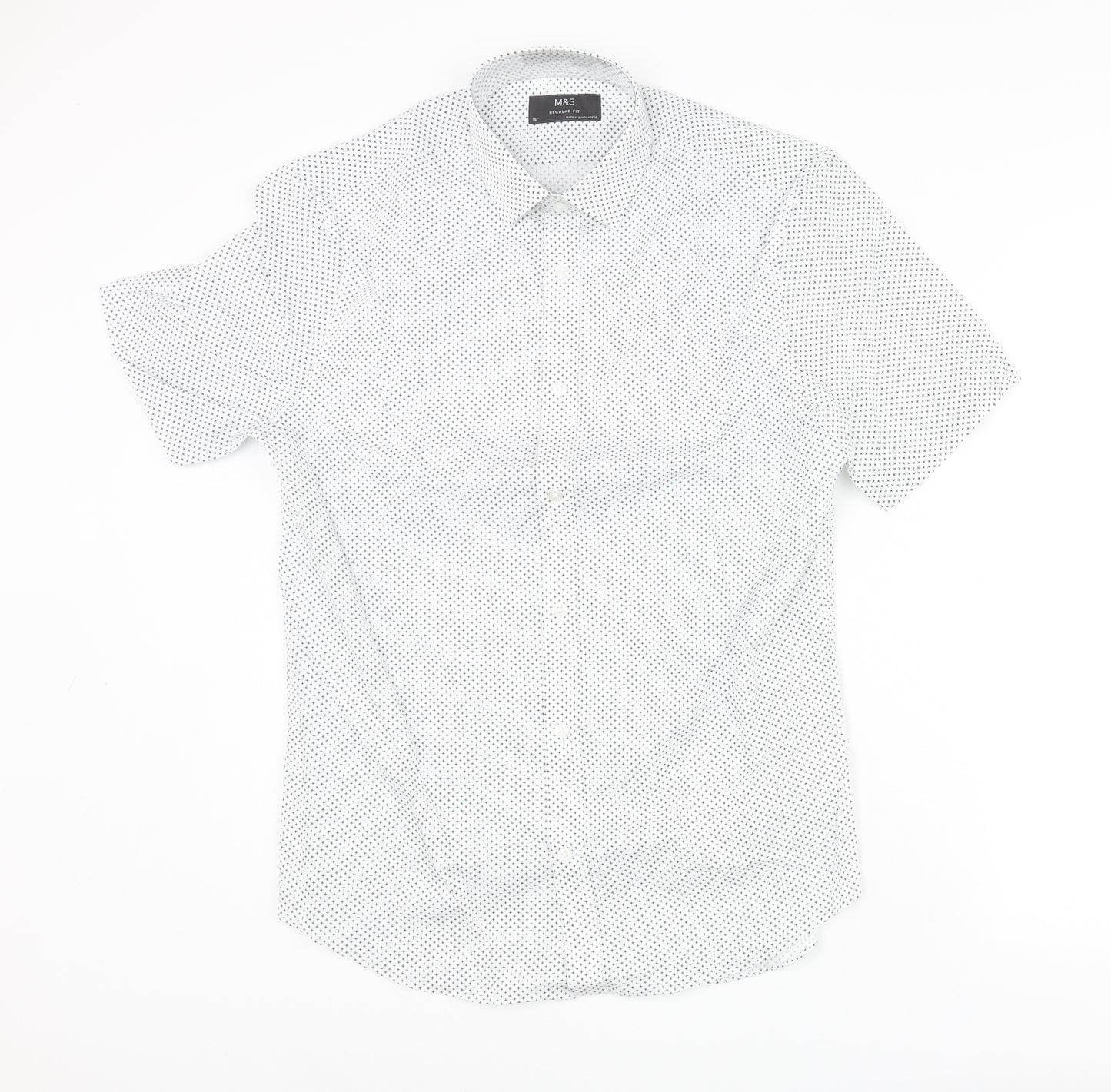 Marks and Spencer Mens White Geometric Cotton Button-Up Size 15 Collared Button