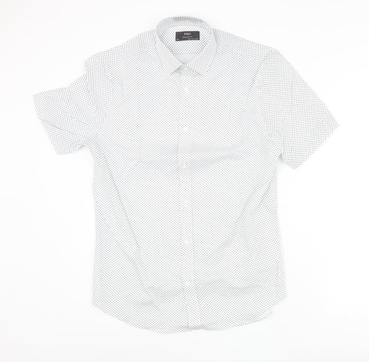 Marks and Spencer Mens White Geometric Cotton Button-Up Size 15 Collared Button