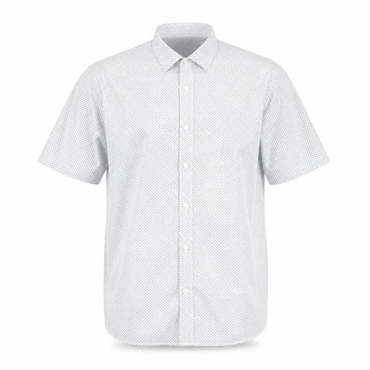 Front view of Marks & Spencer men’s white geometric cotton button-up, size 15, collared button