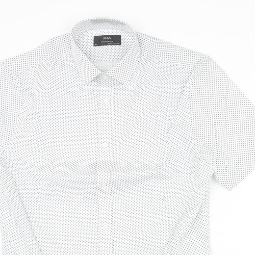 Marks and Spencer Mens White Geometric Cotton Button-Up Size 15 Collared Button