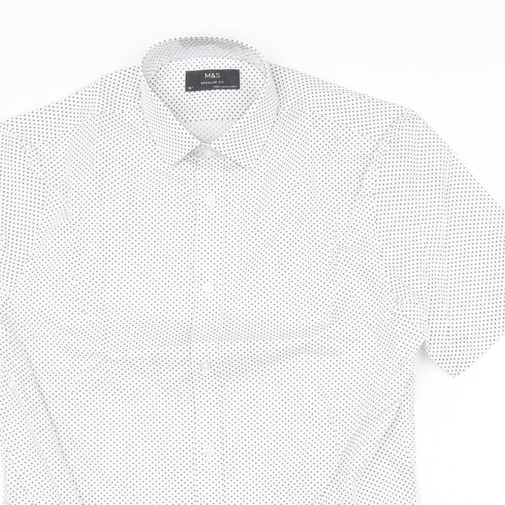 Marks and Spencer Mens White Geometric Cotton Button-Up Size 15 Collared Button