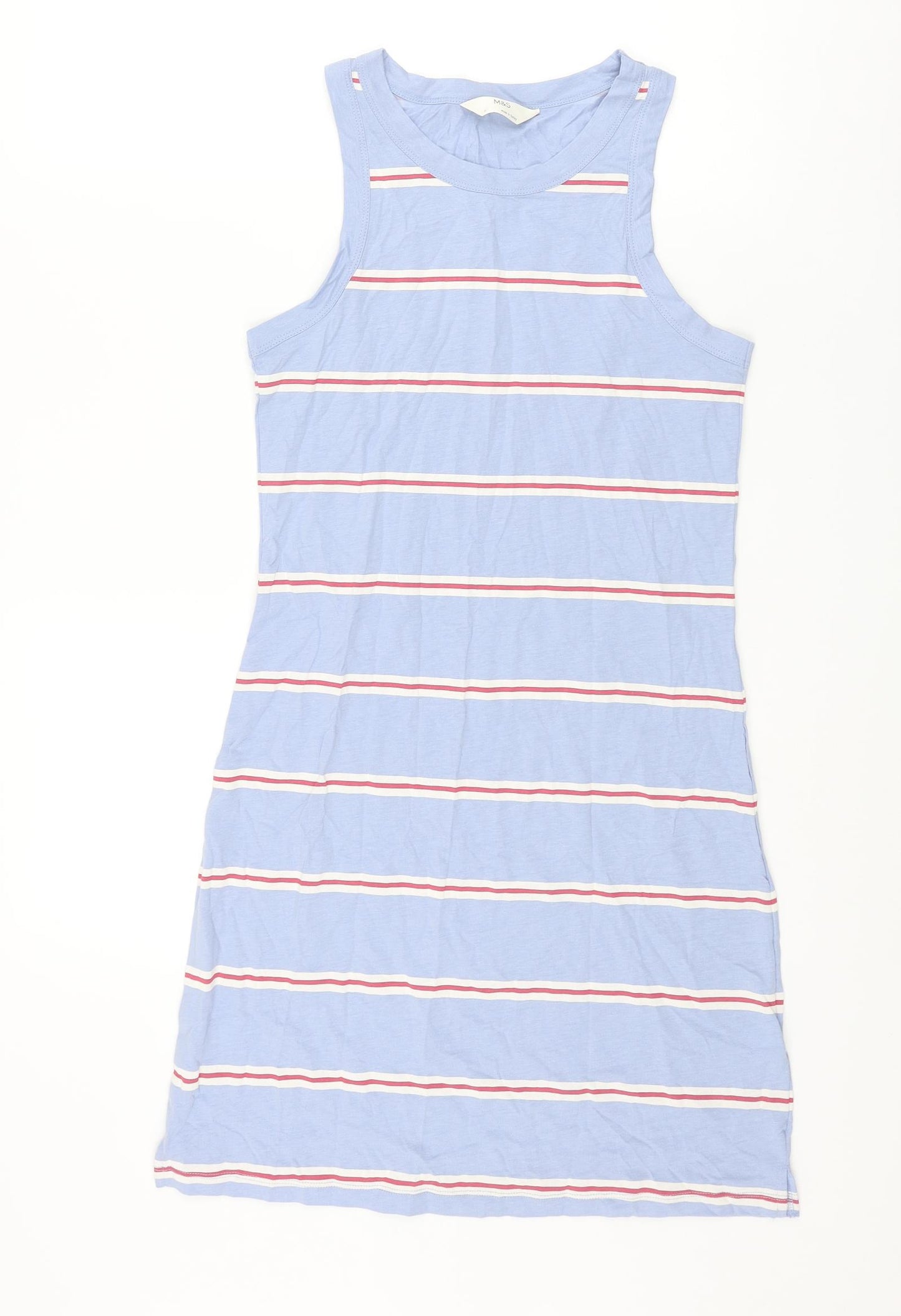 Marks and Spencer Womens Blue Striped Cotton Tank Dress Size S Crew Neck Pullover