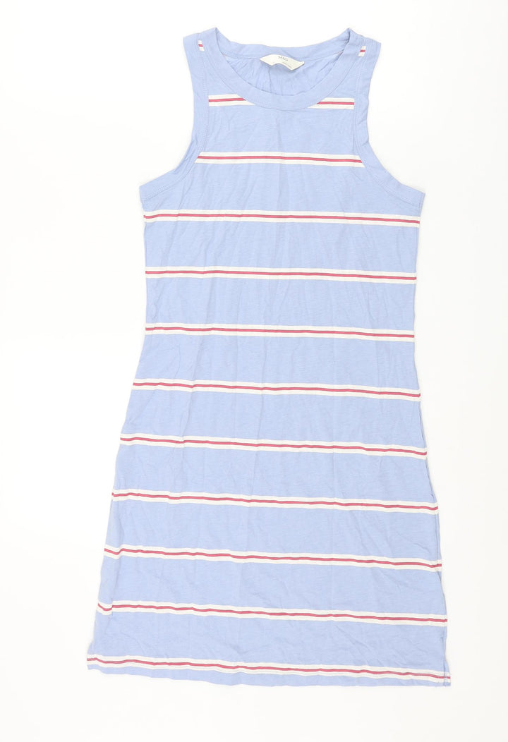 Marks and Spencer Womens Blue Striped Cotton Tank Dress Size S Crew Neck Pullover
