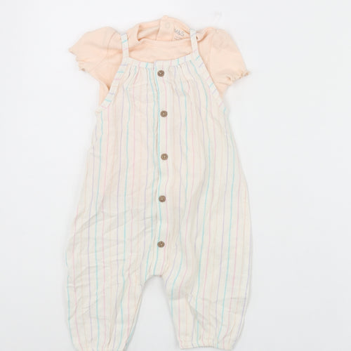 Marks and Spencer Girls Multicoloured Striped Linen Dungaree One-Piece Size 3-6 Months Snap - Button