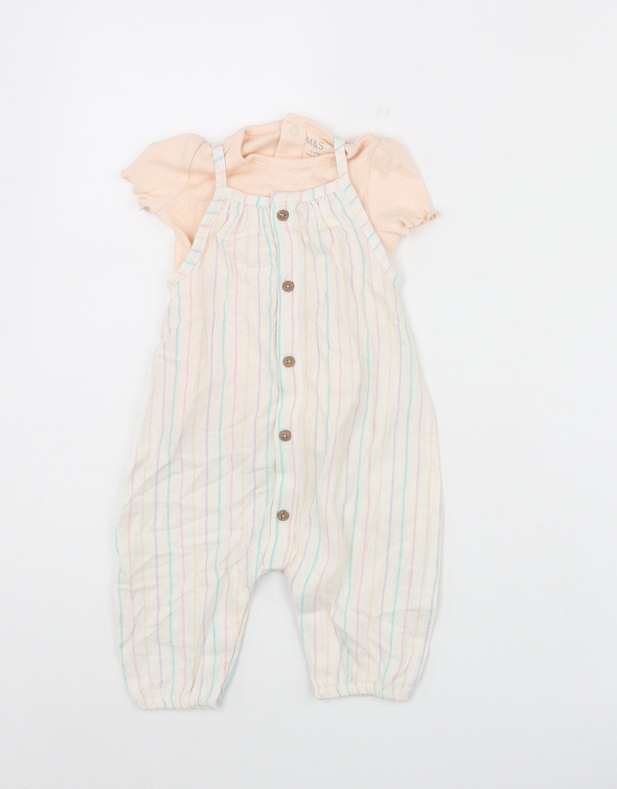 Marks and Spencer Girls Multicoloured Striped Linen Dungaree One-Piece Size 3-6 Months Snap - Button