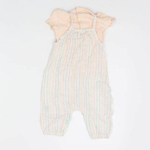 Marks and Spencer Girls Multicoloured Striped Linen Dungaree One-Piece Size 3-6 Months Snap - Button