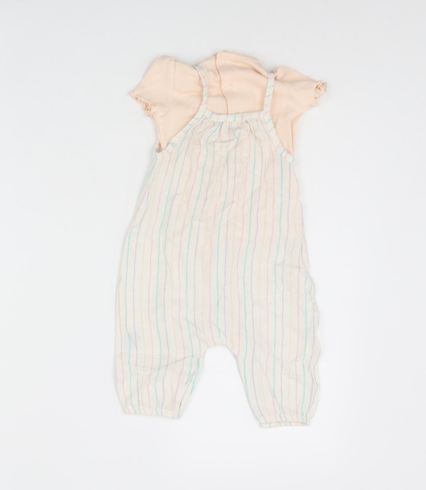 Marks and Spencer Girls Multicoloured Striped Linen Dungaree One-Piece Size 3-6 Months Snap - Button