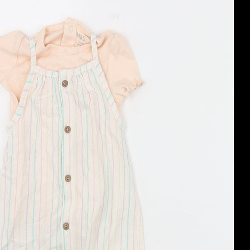 Marks and Spencer Girls Multicoloured Striped Linen Dungaree One-Piece Size 3-6 Months Snap - Button