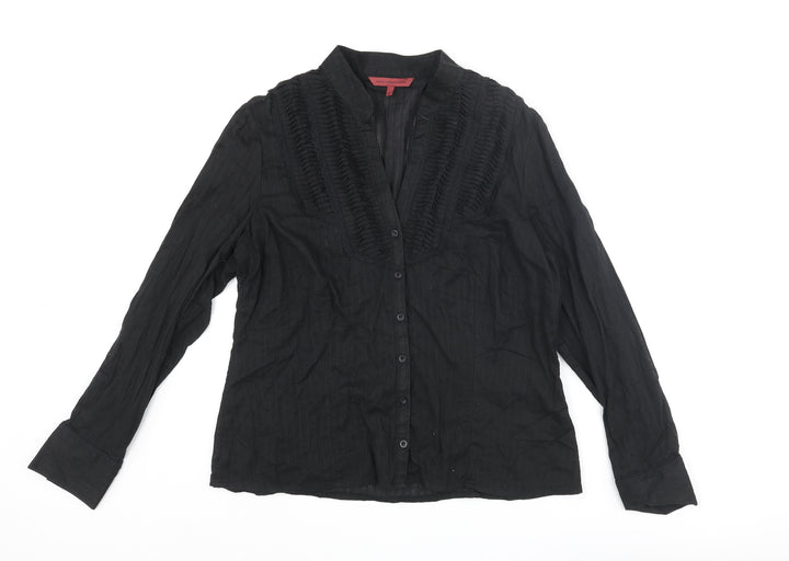 John Richmond Womens Black Cotton Basic Button-Up Size 10 V-Neck - Pleated Lace Trim