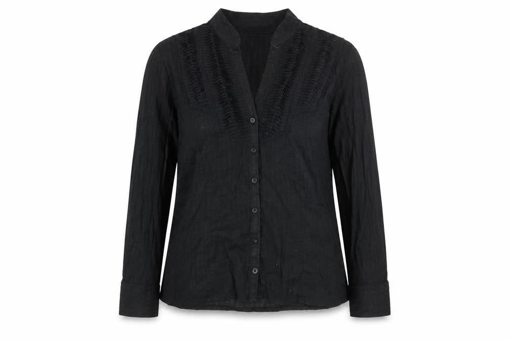 Front view of John Richmond women’s black cotton basic button-up, size UK 10, v-neck - pleated lace trim