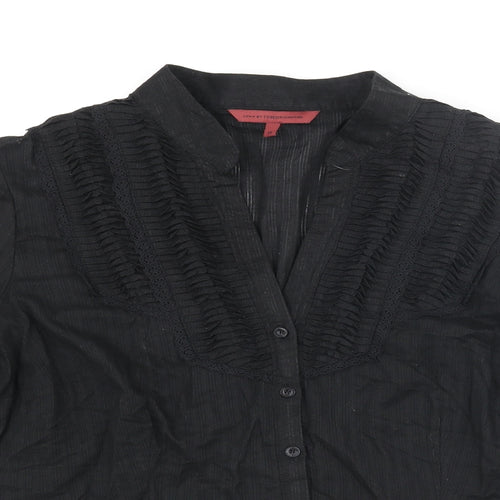 John Richmond Womens Black Cotton Basic Button-Up Size 10 V-Neck - Pleated Lace Trim