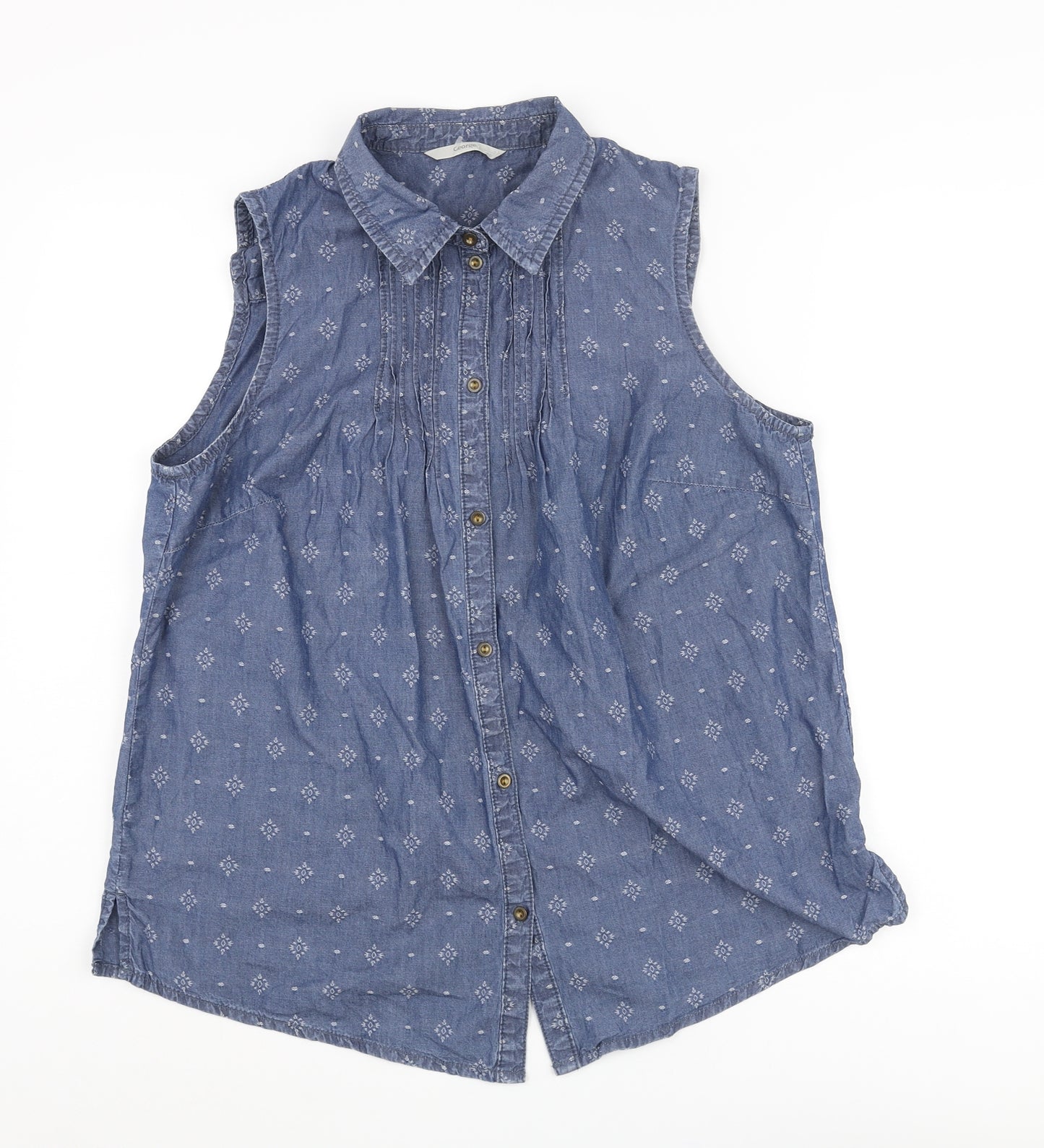 George Womens Blue Geometric Cotton Camisole Button-Up Size 14 Collared
