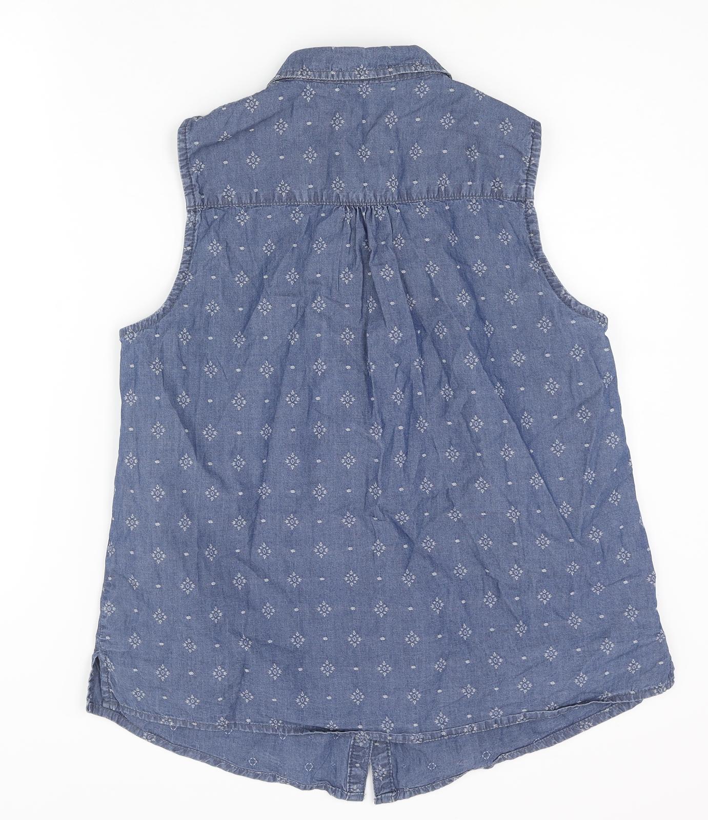 George Womens Blue Geometric Cotton Camisole Button-Up Size 14 Collared