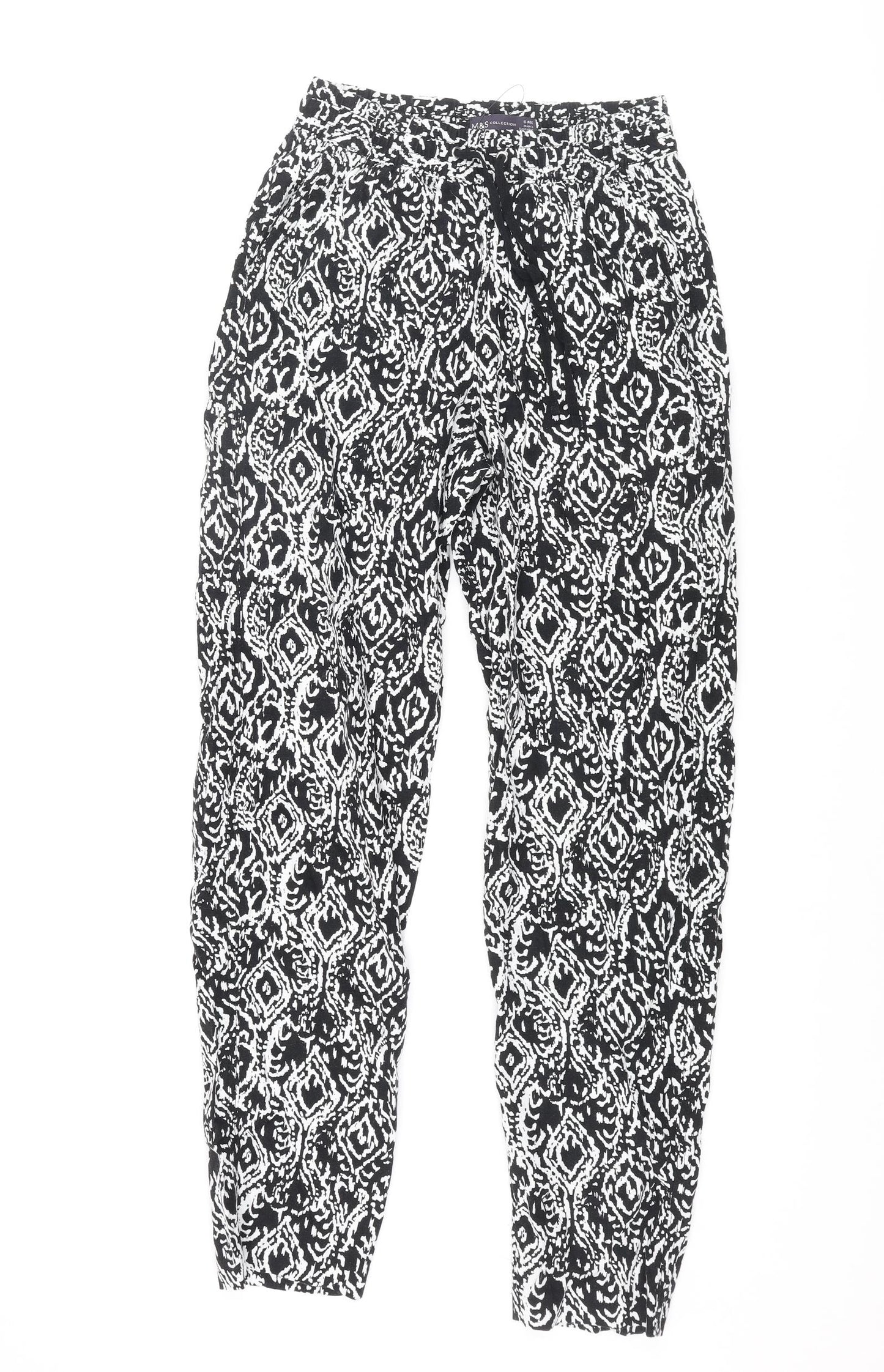 Marks and Spencer Womens Black Geometric Linen Trousers Size 6 L29 in Regular Drawstring