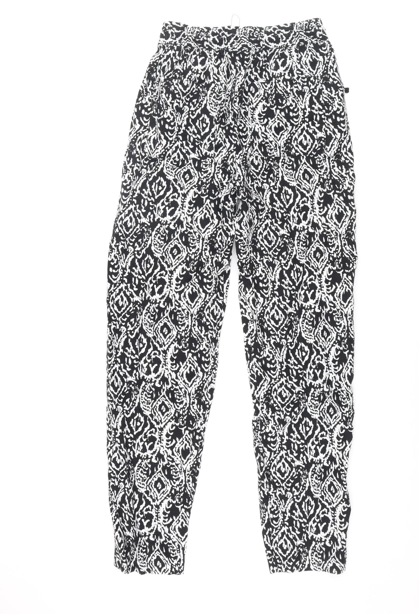 Marks and Spencer Womens Black Geometric Linen Trousers Size 6 L29 in Regular Drawstring
