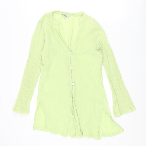 M&Co Womens Green Cotton Basic Button-Up Size 14 V-Neck
