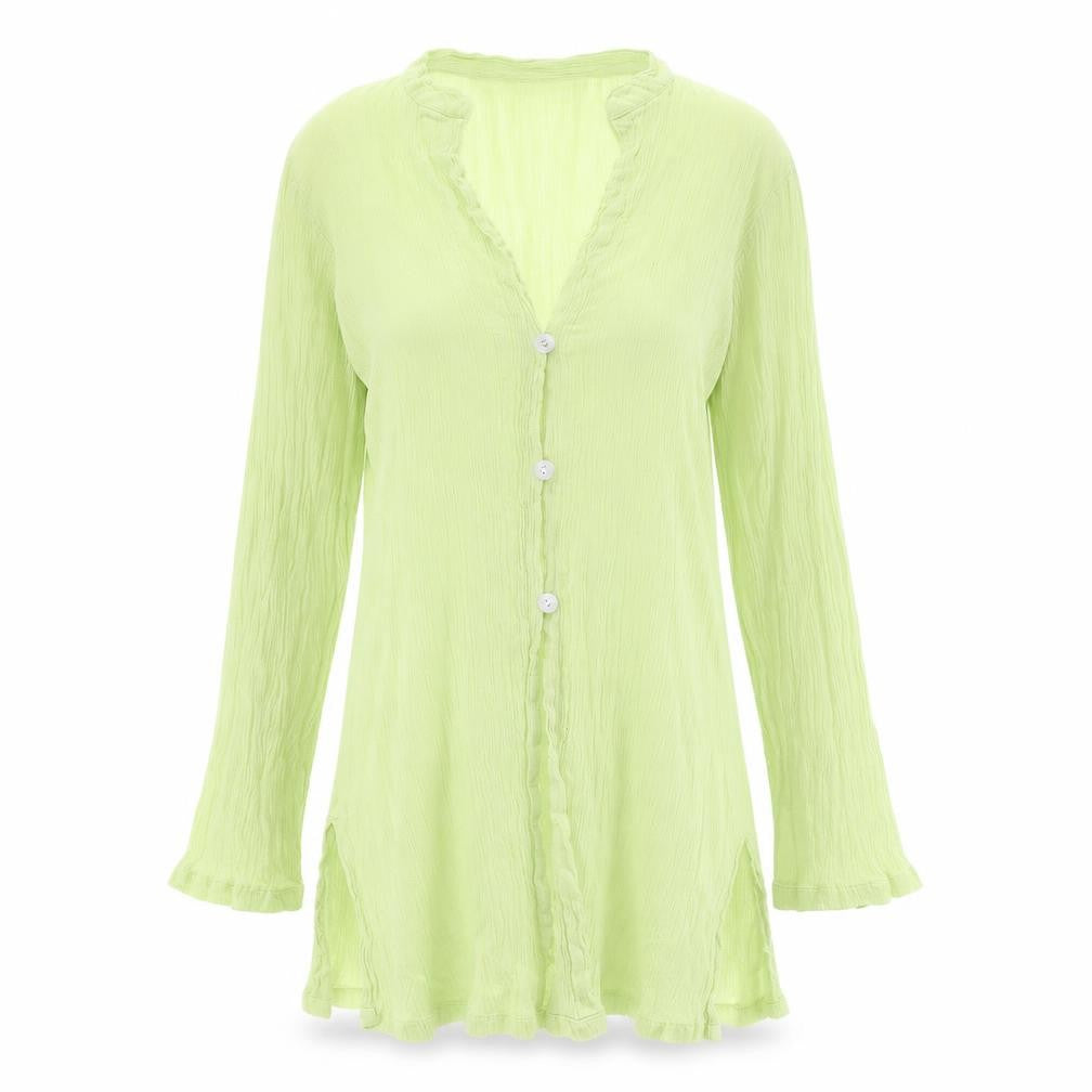 Front view of M&Co women’s green cotton basic button-up, size UK 14, v-neck