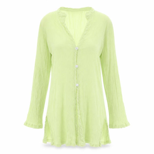 Front view of M&Co women’s green cotton basic button-up, size UK 14, v-neck