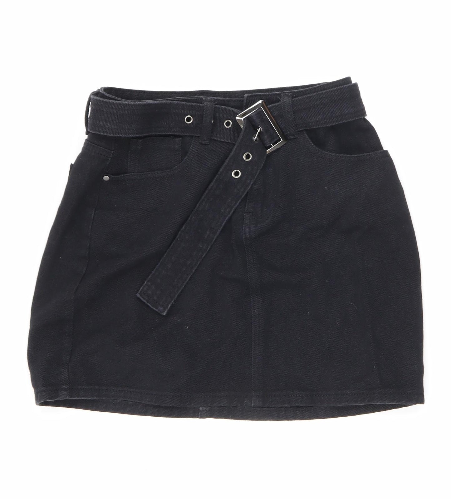 PRETTYLITTLETHING Womens Black Cotton Mini Skirt Size 8 Zip - Belted