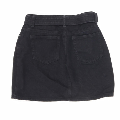 PRETTYLITTLETHING Womens Black Cotton Mini Skirt Size 8 Zip - Belted