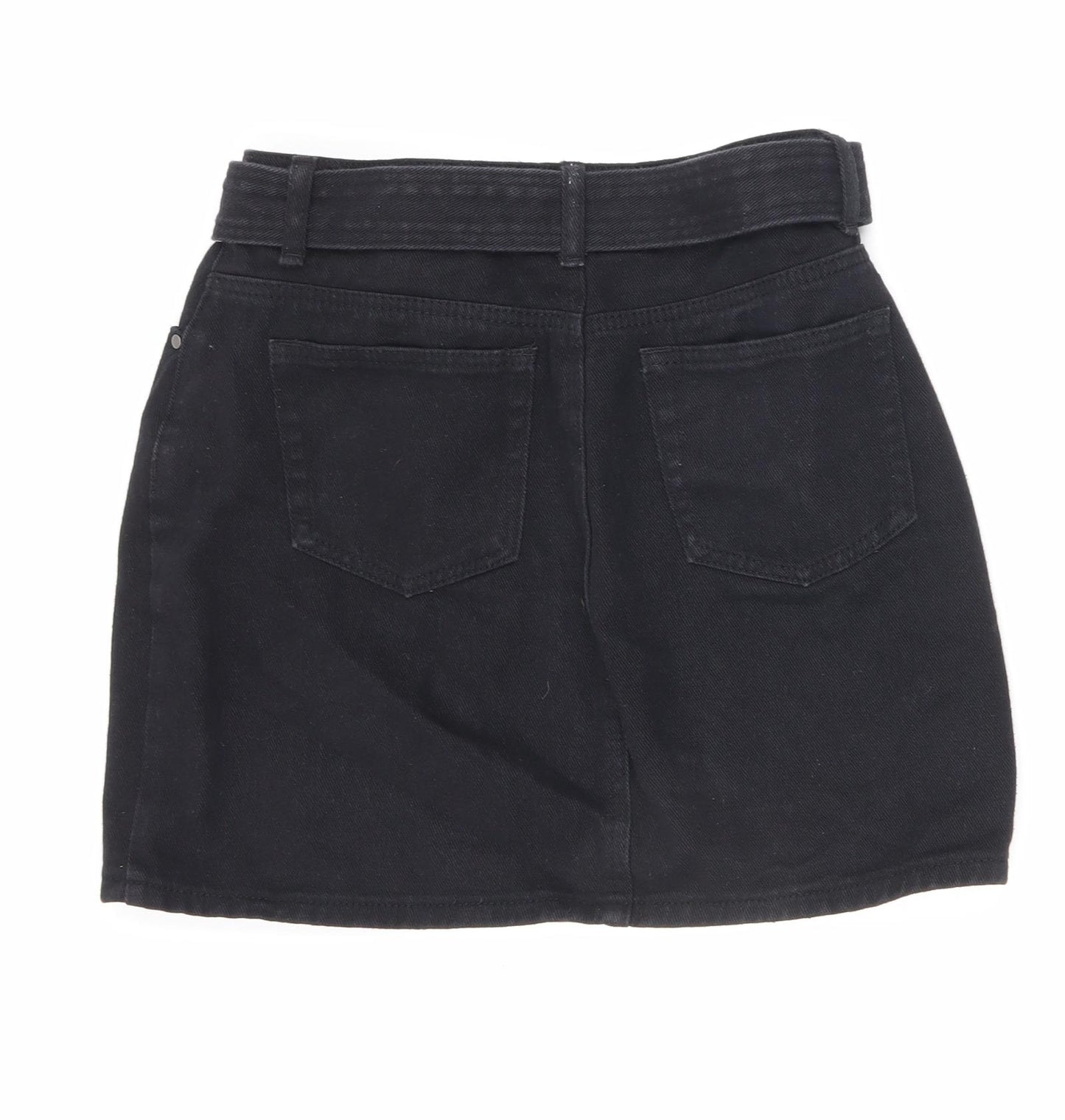 PRETTYLITTLETHING Womens Black Cotton Mini Skirt Size 8 Zip - Belted