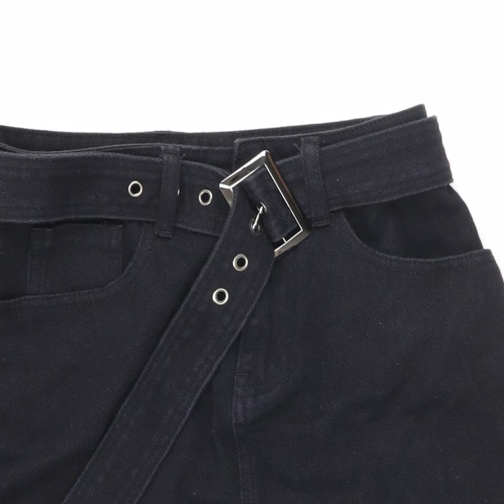 PRETTYLITTLETHING Womens Black Cotton Mini Skirt Size 8 Zip - Belted