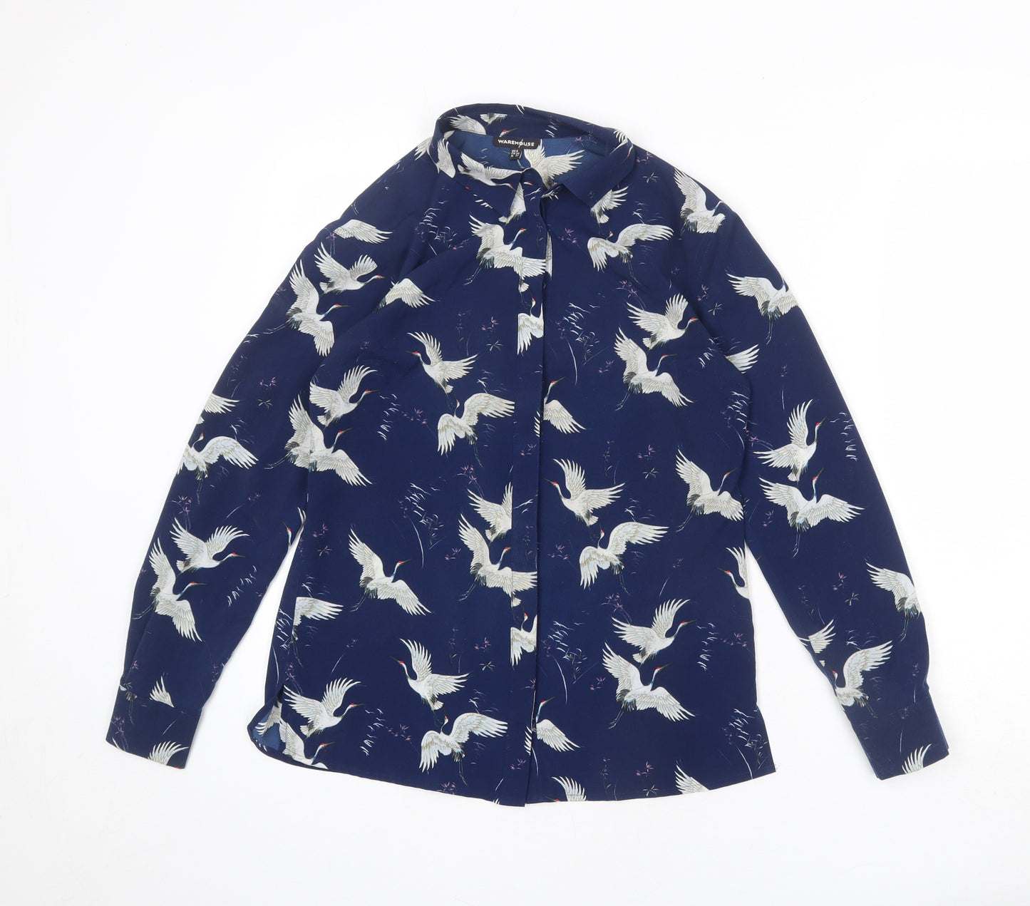 Warehouse Womens Blue Geometric Polyester Basic Button-Up Size 6 Collared - Bird Print