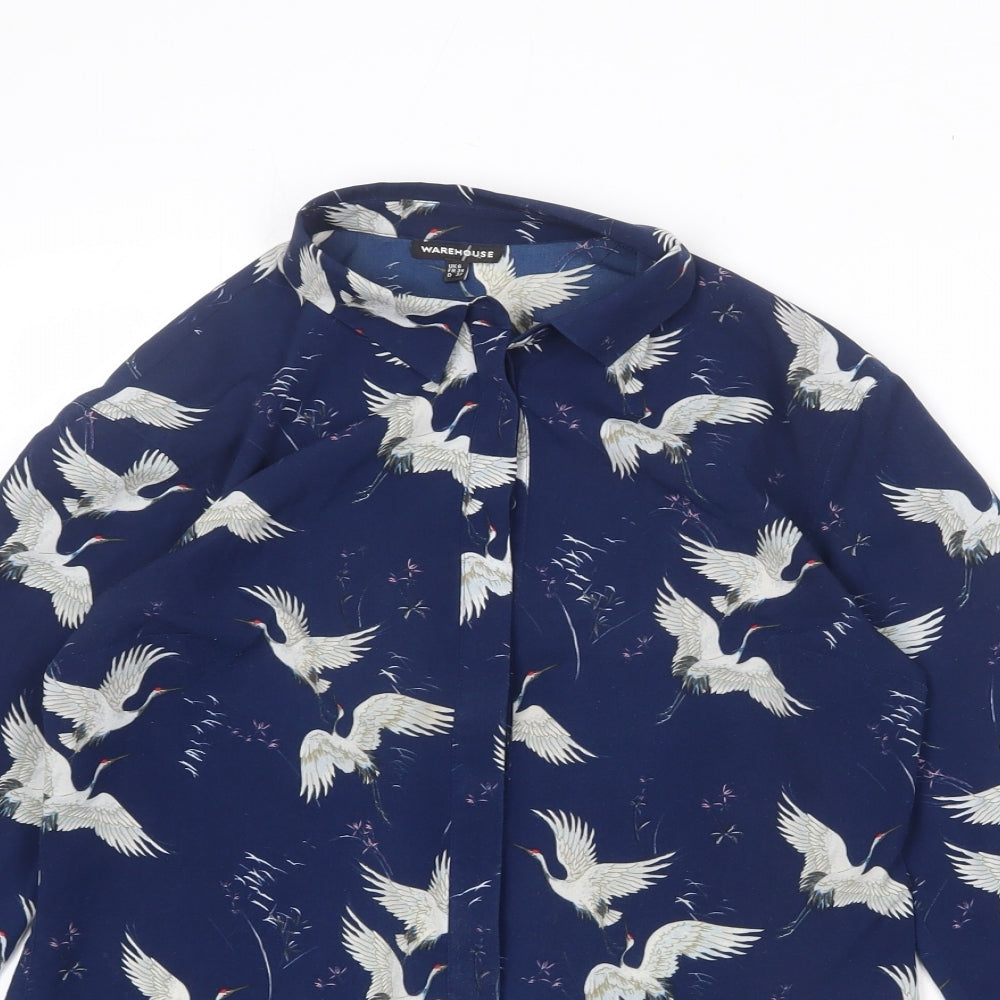 Warehouse Womens Blue Geometric Polyester Basic Button-Up Size 6 Collared - Bird Print