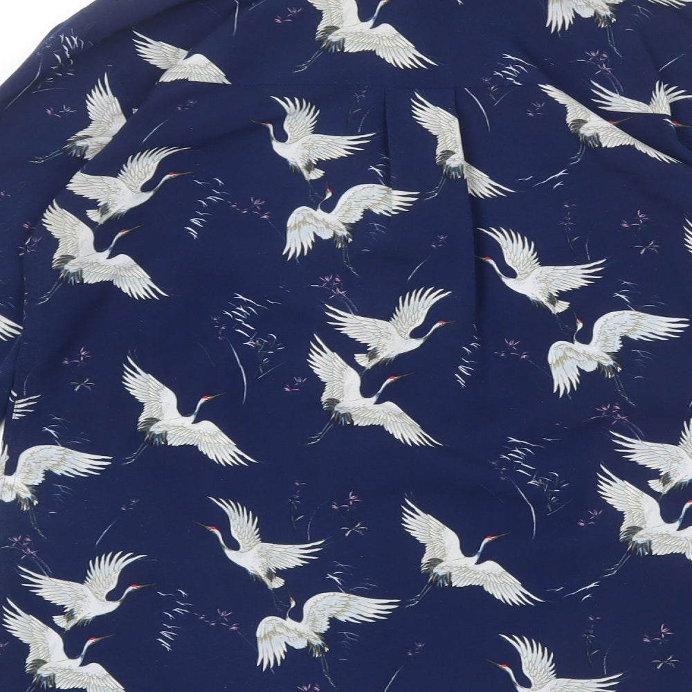 Warehouse Womens Blue Geometric Polyester Basic Button-Up Size 6 Collared - Bird Print