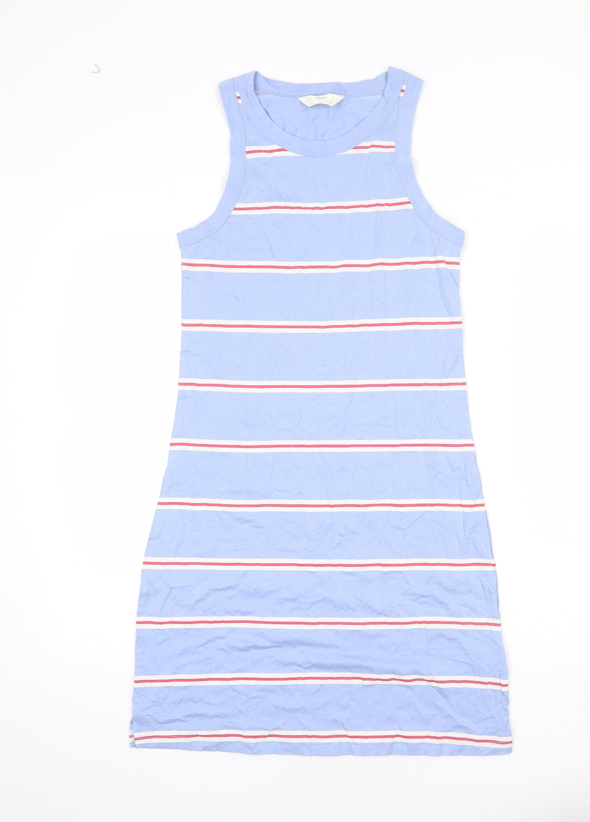 Marks and Spencer Womens Blue Striped Cotton Tank Dress Size S Round Neck Pullover