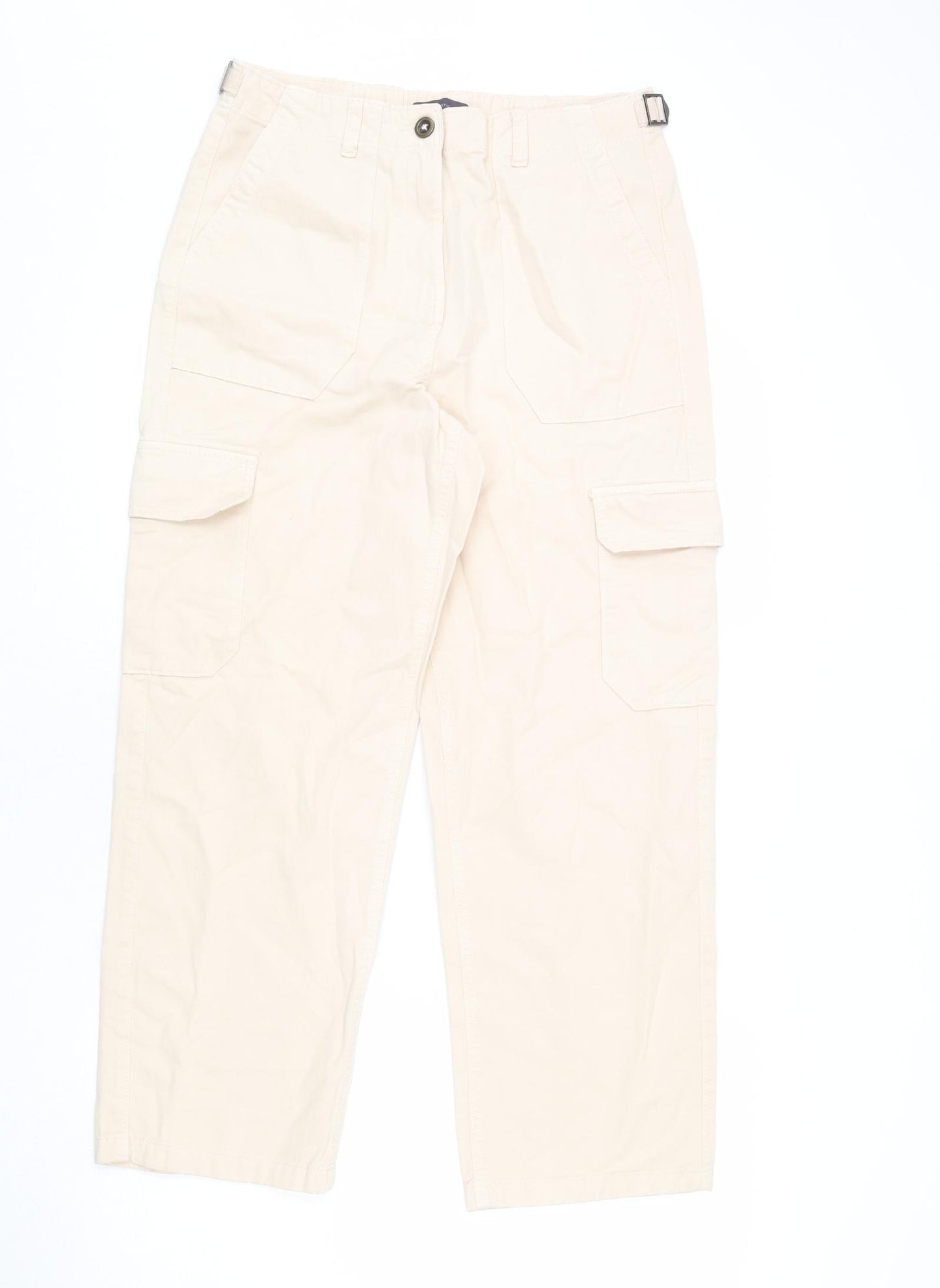 Marks and Spencer Womens Beige Cotton Cargo Trousers Size 12 L26 in Regular Zip - Elastic Waist