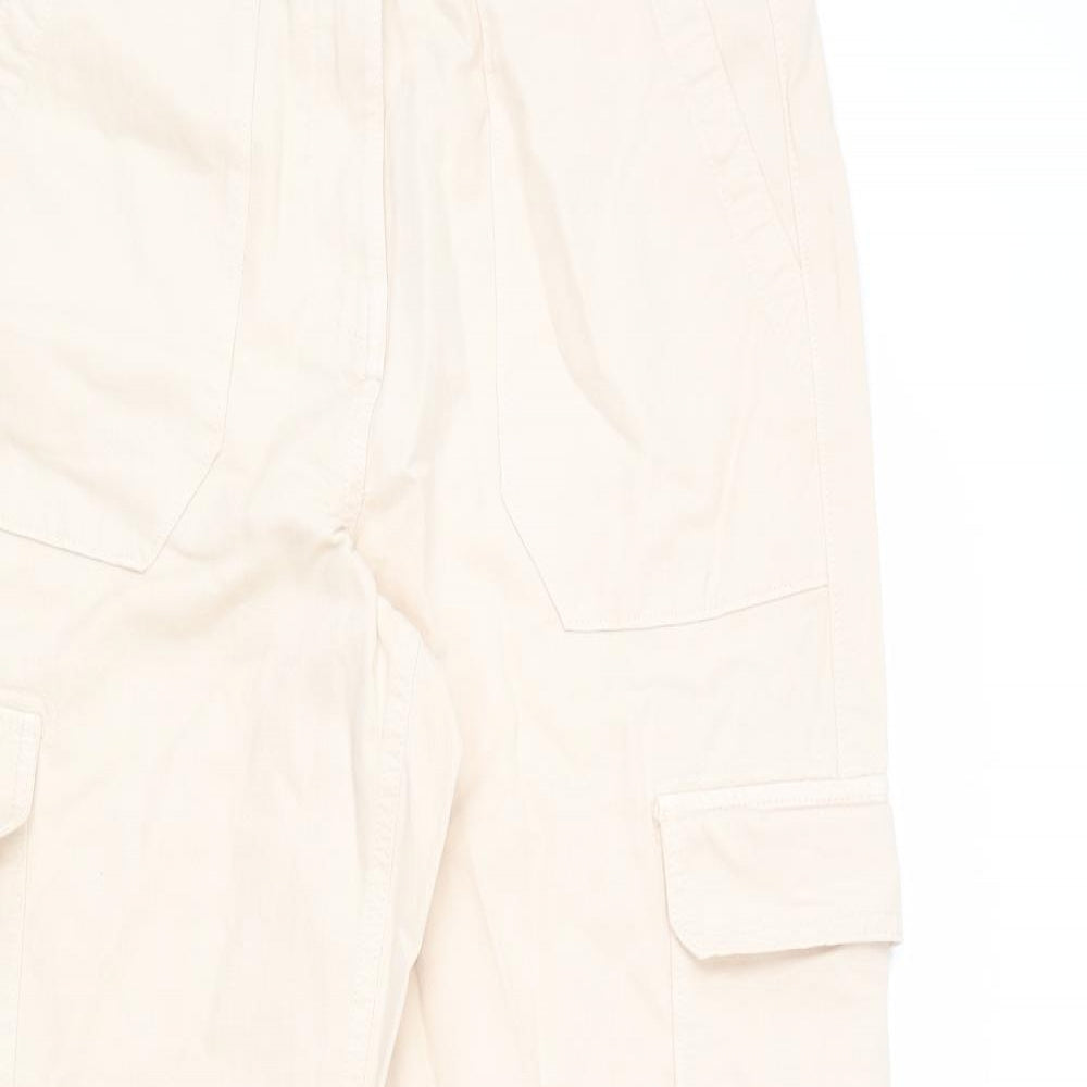 Marks and Spencer Womens Beige Cotton Cargo Trousers Size 12 L26 in Regular Zip - Elastic Waist