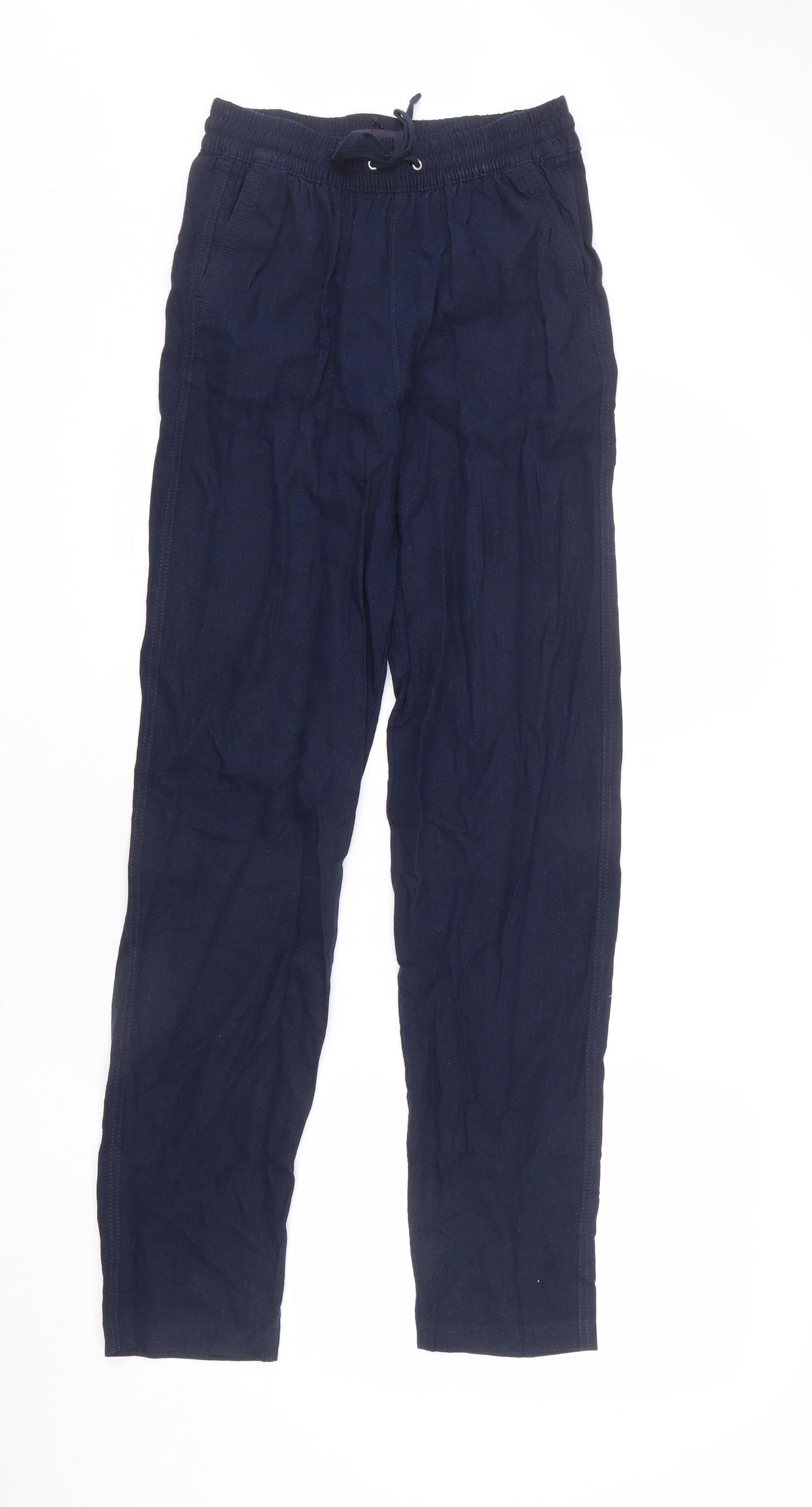 Marks and Spencer Womens Blue Linen Trousers Size 8 L30 in Regular Drawstring - Long Length