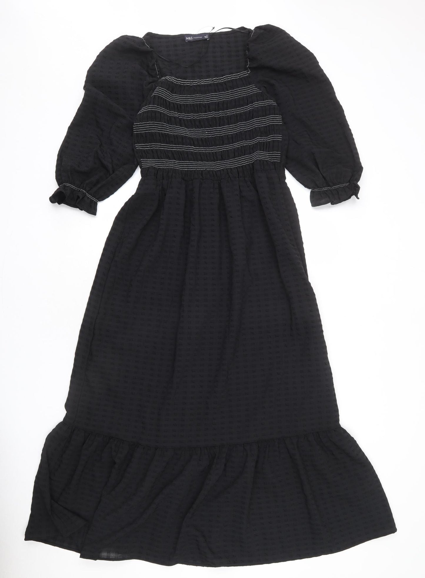 Marks and Spencer Womens Black Geometric Polyester Maxi Size 12 Square Neck Pullover - Shirred Bust