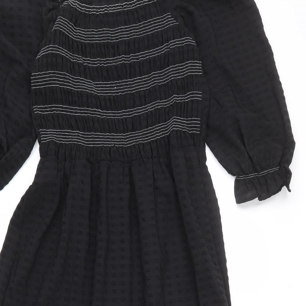 Marks and Spencer Womens Black Geometric Polyester Maxi Size 12 Square Neck Pullover - Shirred Bust