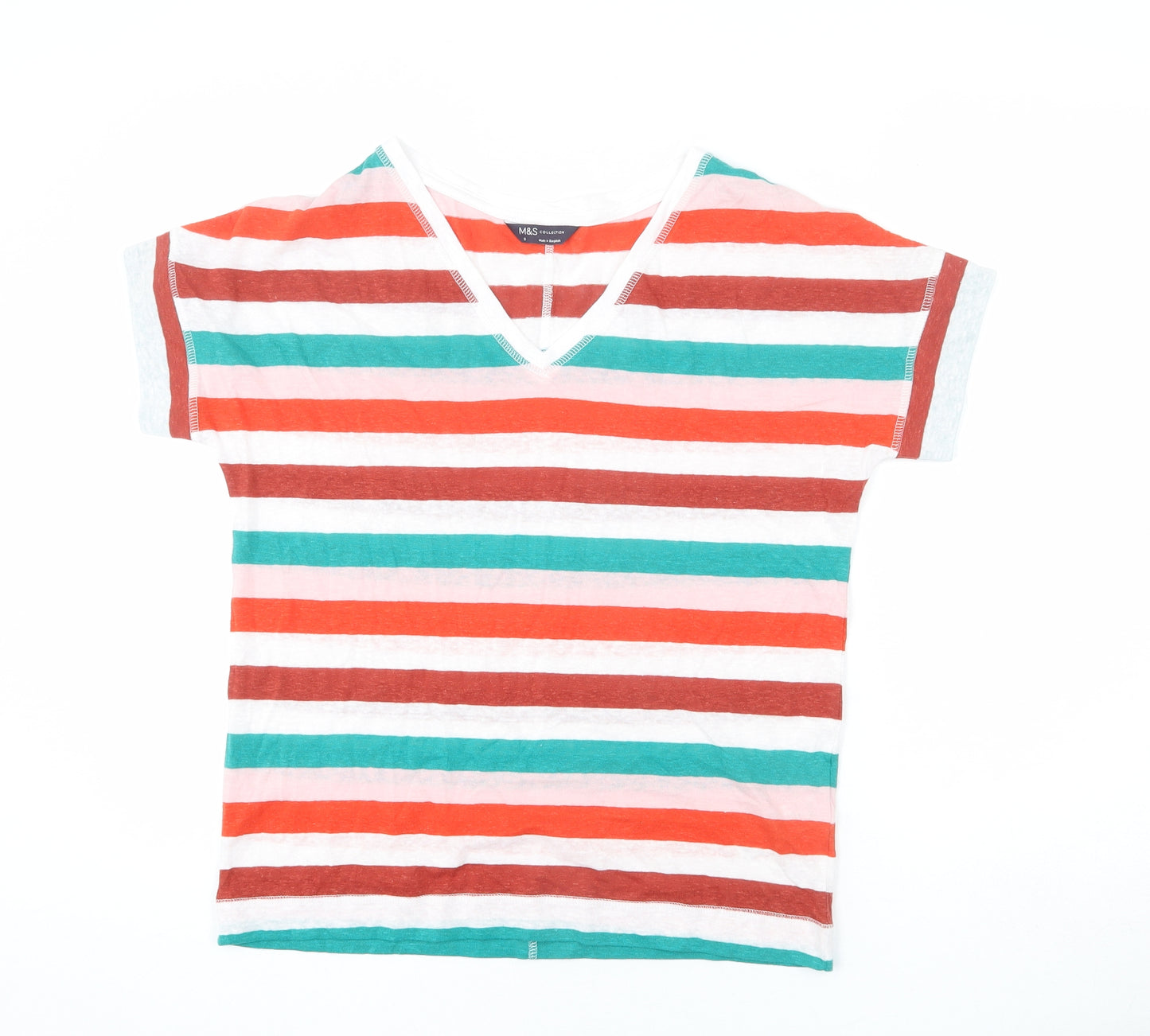 Marks and Spencer Womens Multicoloured Striped Linen Basic T-Shirt Size 8 V-Neck