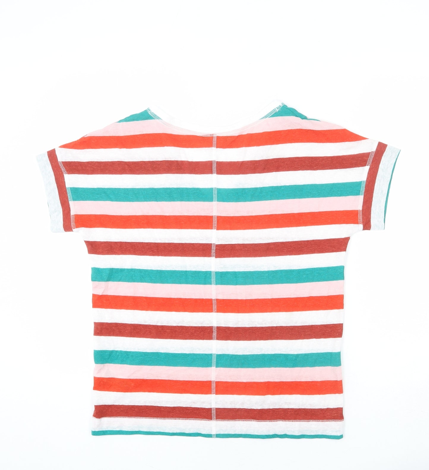 Marks and Spencer Womens Multicoloured Striped Linen Basic T-Shirt Size 8 V-Neck