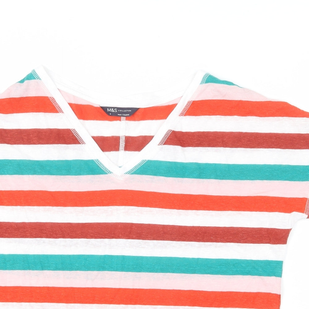 Marks and Spencer Womens Multicoloured Striped Linen Basic T-Shirt Size 8 V-Neck