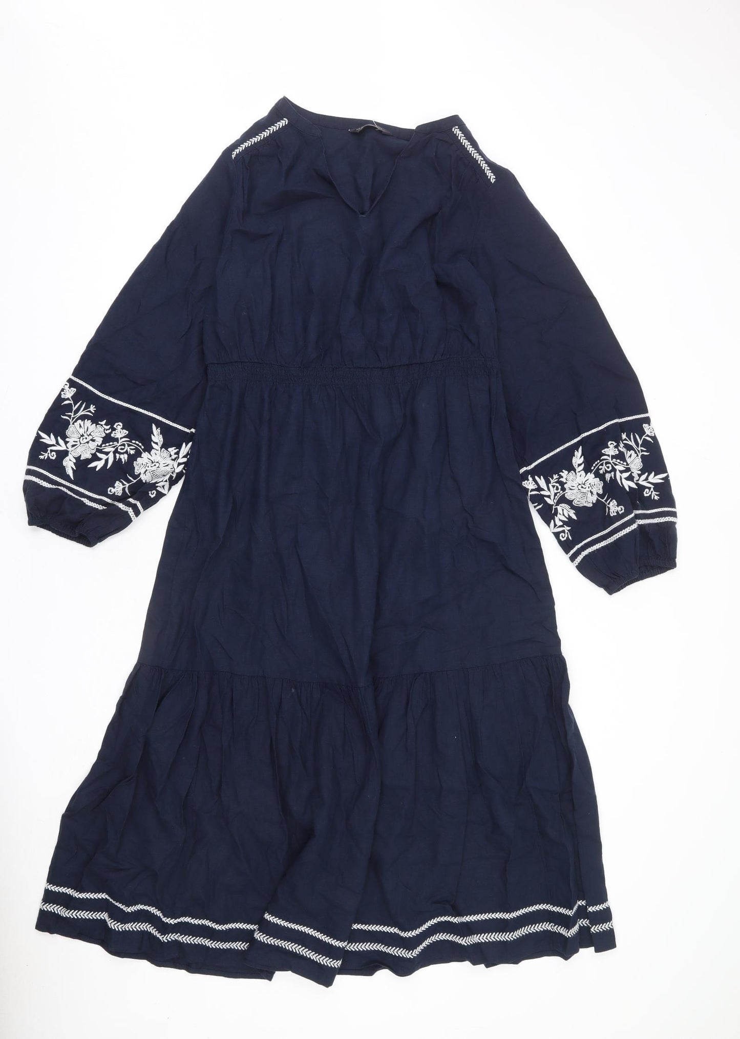 Marks and Spencer Womens Blue Linen Maxi Size 12 V-Neck Pullover - Embroidered Detail