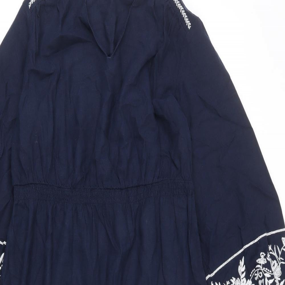 Marks and Spencer Womens Blue Linen Maxi Size 12 V-Neck Pullover - Embroidered Detail