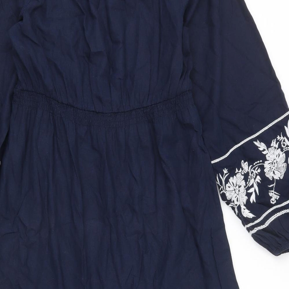 Marks and Spencer Womens Blue Linen Maxi Size 12 V-Neck Pullover - Embroidered Detail