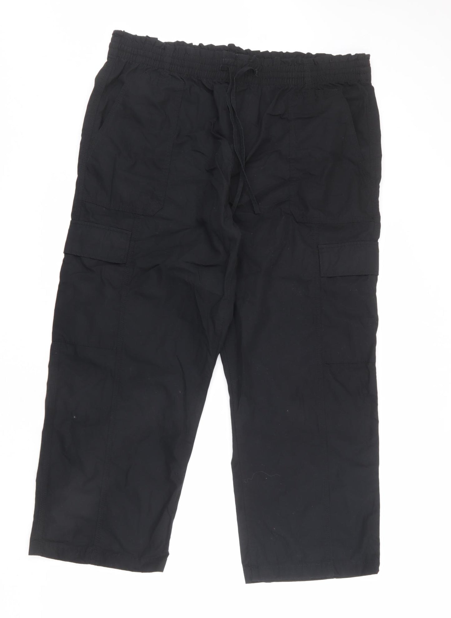 Marks and Spencer Womens Black Cotton Cargo Trousers Size 22 L26 in Regular Drawstring - Short Length