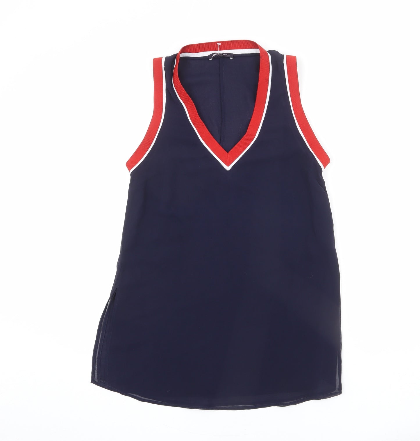 Limited Edition Womens Blue Polyester Basic Tank Size 6 V-Neck - Blouse, Elastic Stripe Detail